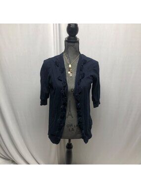 Ann Taylor Loft Cardigan Womens Size Medium Navy Blue Open Front 3-D Floral Trim